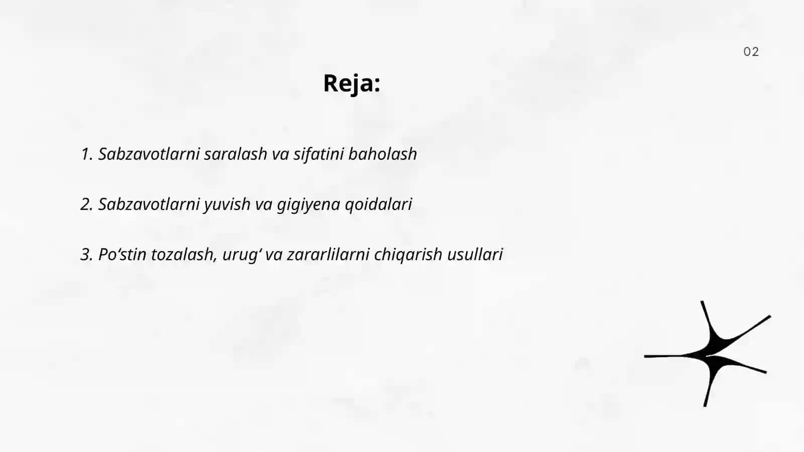 Sabzavotlarga birlamchi ishlov berish va turli taomlar uchun to'rg'ash usullari 2