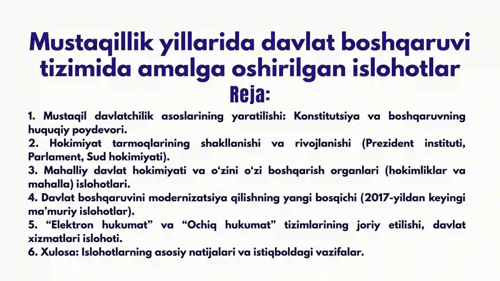 Mustaqillik yillarida davlat boshqaruvi tizimida amalga oshirilgan islohotlar 2