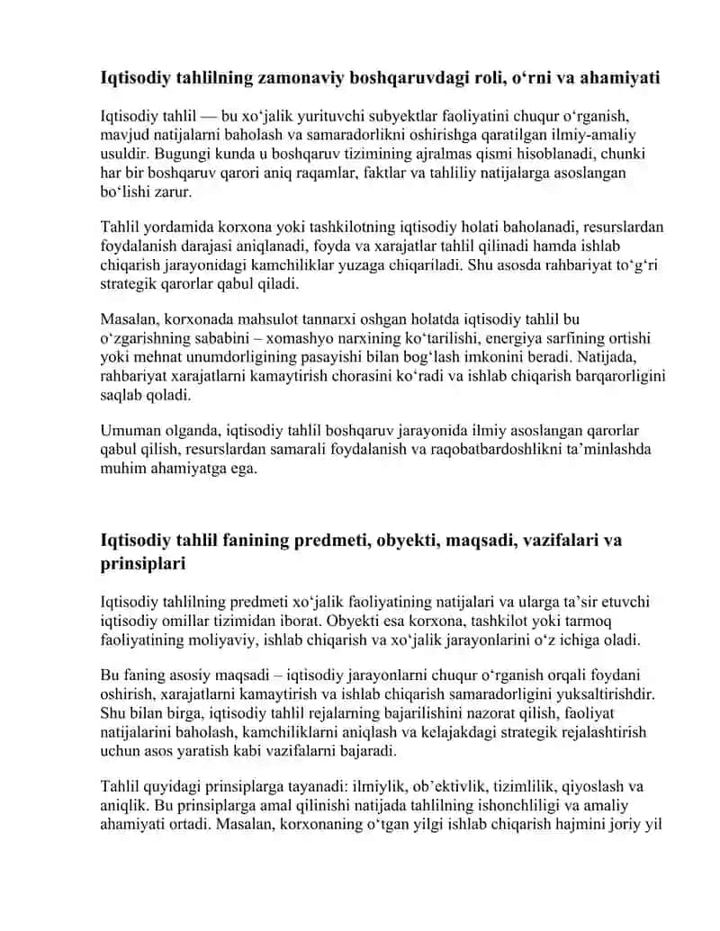IQTISODIY TAHLILNING PREDMETI, ASOSIY VAZIFALARI VA TAMOYILLARI 2