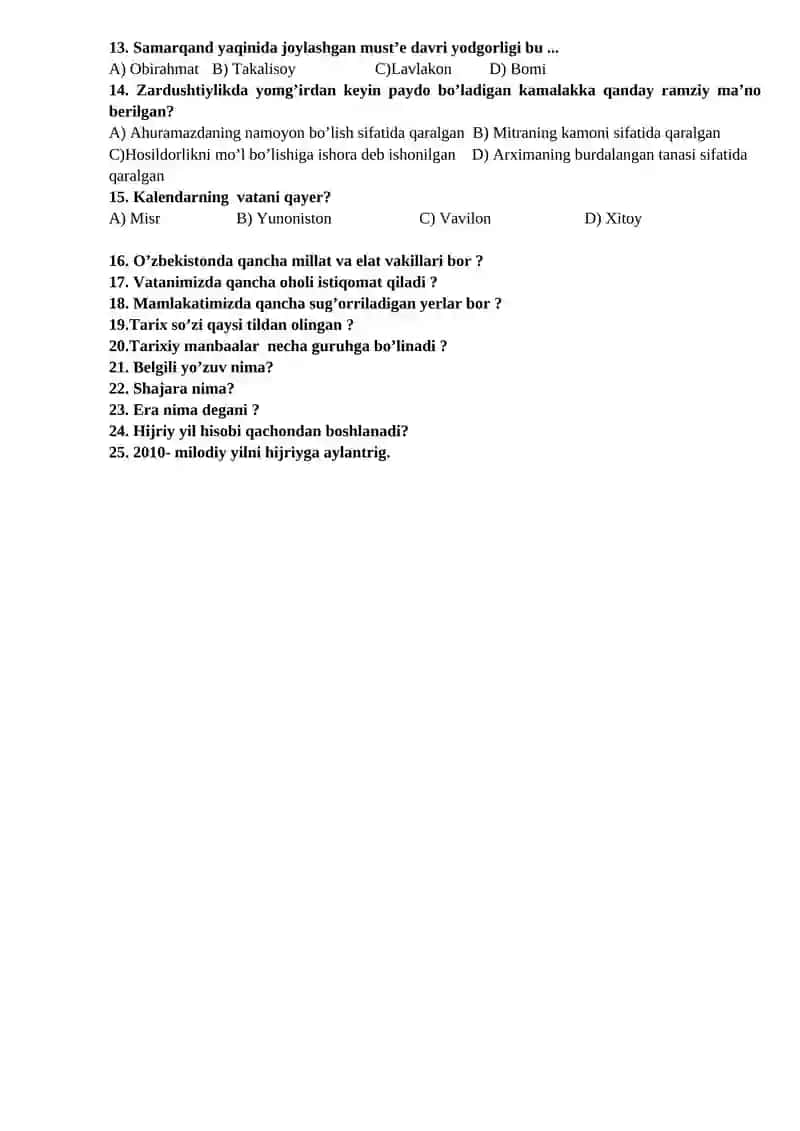 5 – sinflar uchun tarix fanidan testlar 2