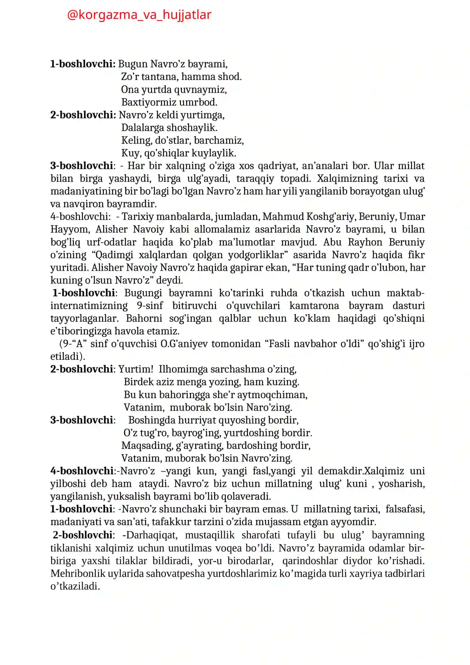 Assalom Navro’zi olam TADBIR SSENARIYSI 2