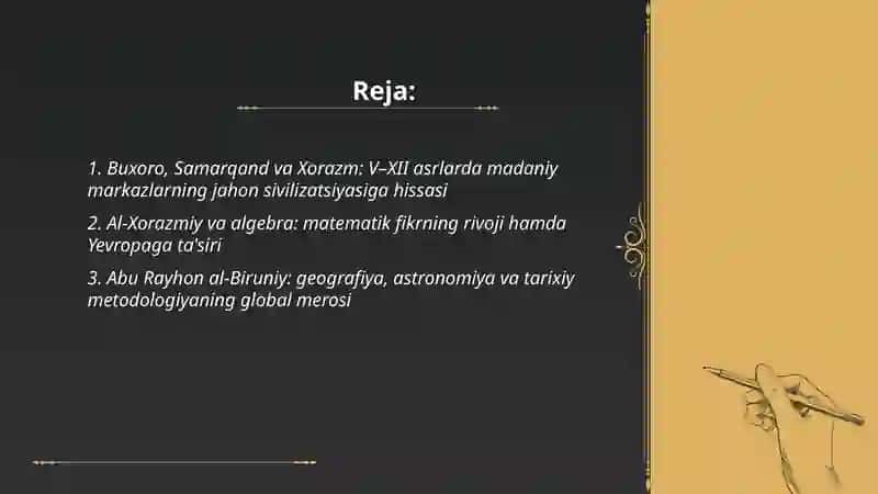 V-XII asrlarda mamlakatimiz hududida roy bergan madaniy uyg'onish renisans buyuk allomalarining jahon sivilizatsiyasiga qoʼshgan hissasi 2