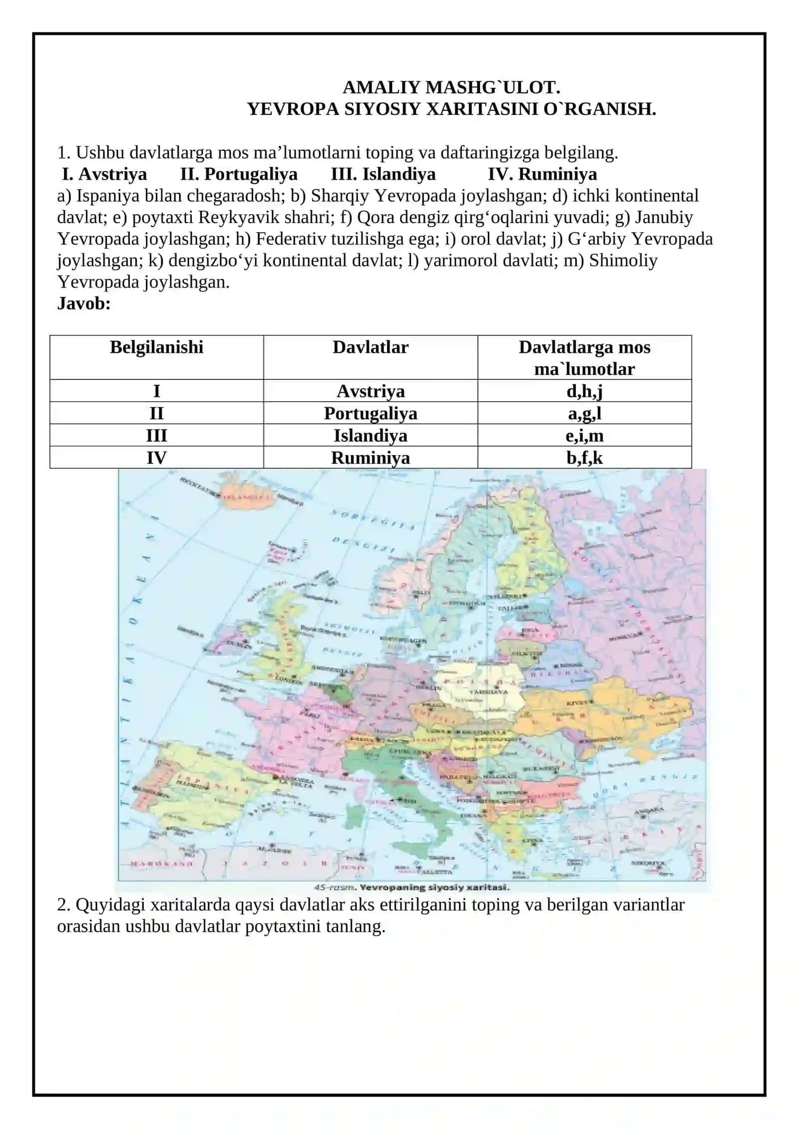 Geografiya fanidan Yevropa siyosiy xaritasini o'rganish amaliy mashg'uloti 2