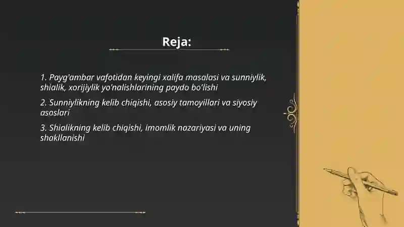 Islomda sunniylik, shialik, xorijiylik yoʻnalishlarining paydo boʻlishi va qarashlari 2