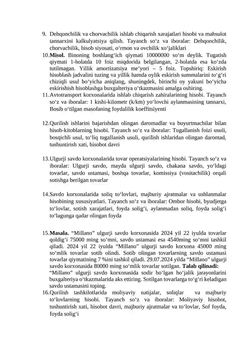 “Tarmoqlar buxgalteriyasi” fanidan yakuniy nazorat savollari bazasi 2