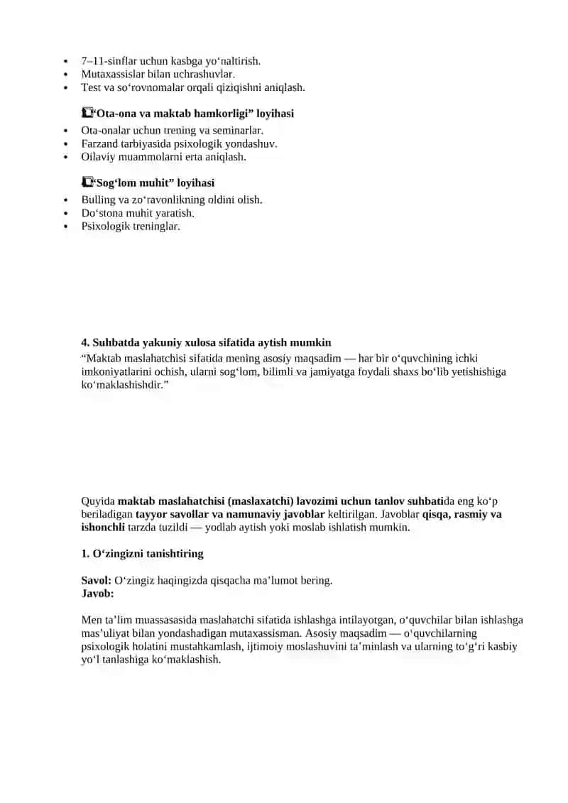 Maktab maslahatchisi lavozimi suhbati uchun tezis 2
