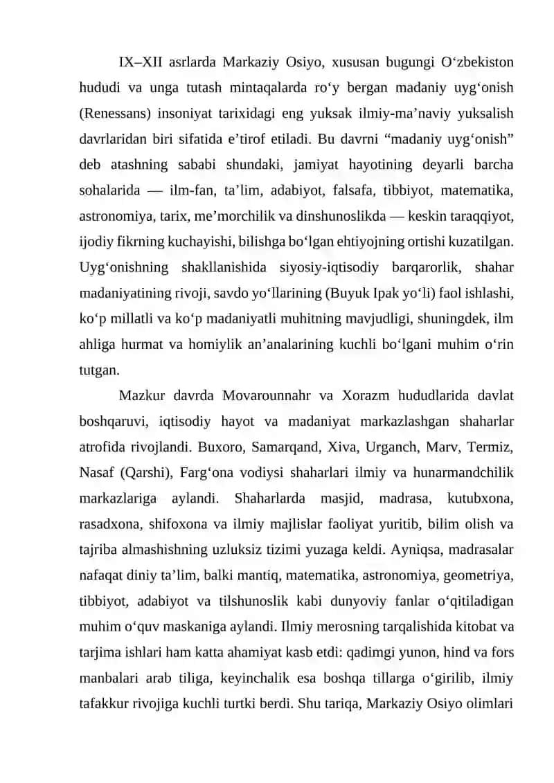 IX-XII asrlarda mamlakatimiz hududida ro‘y bergan madaniy uyg‘onish(Renessans) 2