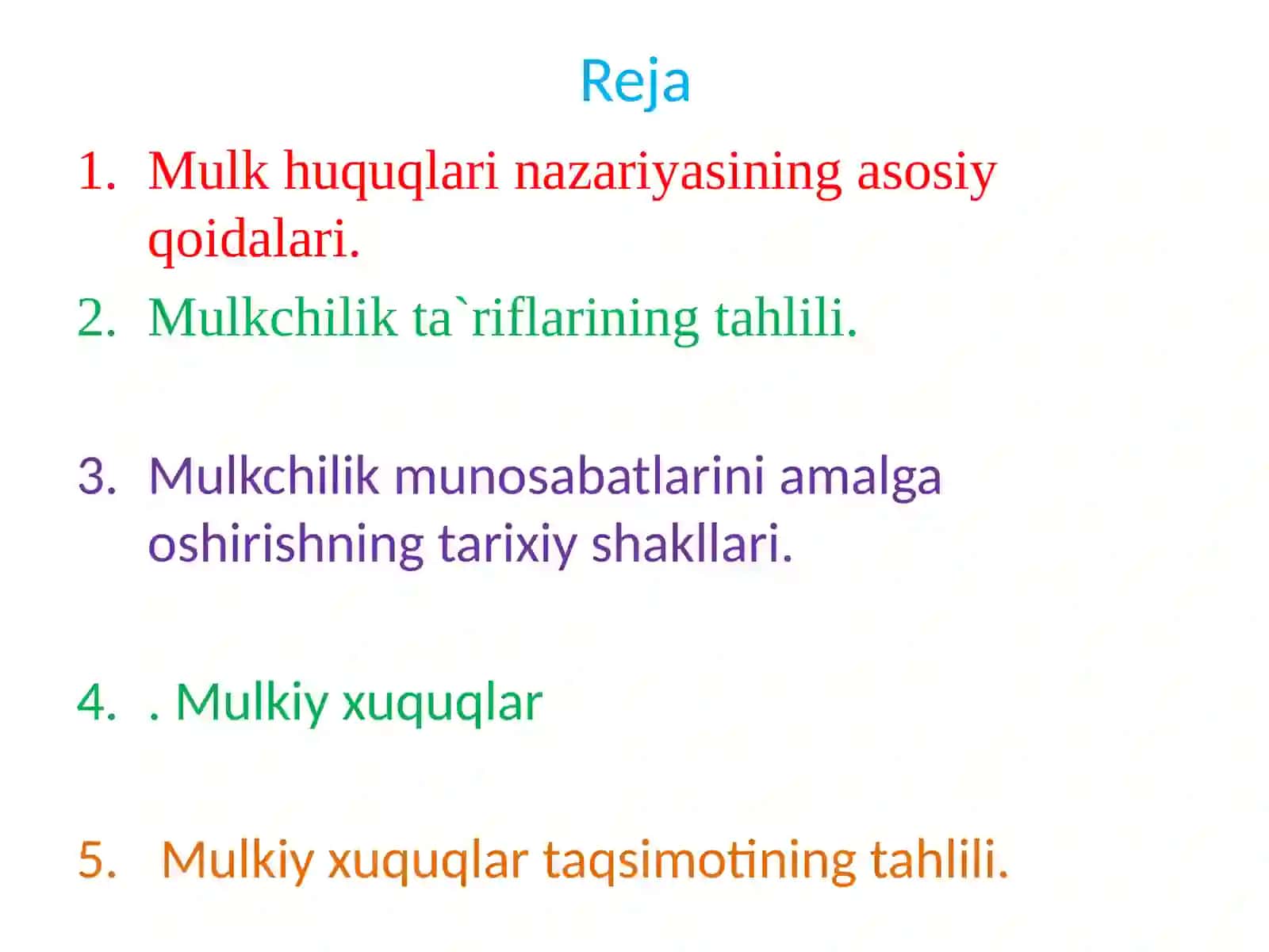 3-mavzu.Mulk huquqlari nazariyasi va Mulkchilik shakllari rivojlanish evolyutsiyasi 2