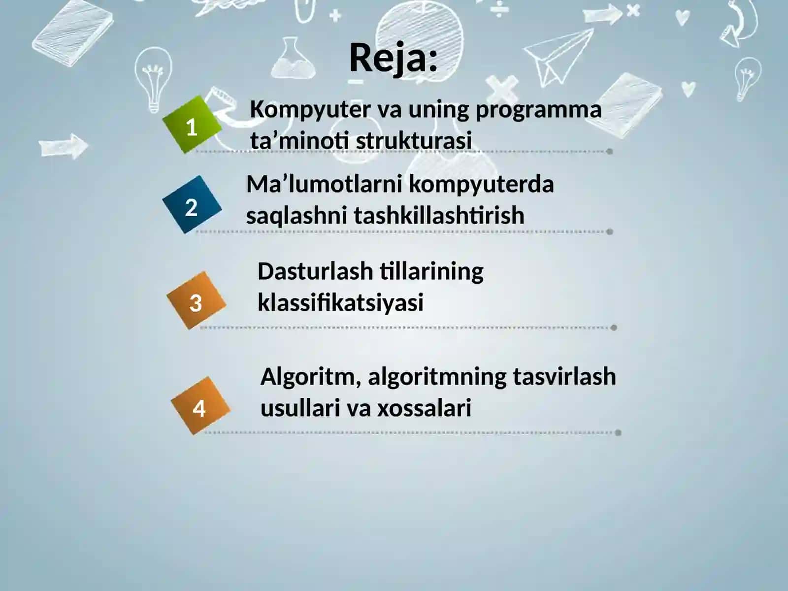 Kompyuter va uning programma ta’minoti. Dasturlash tillarining klassifikatsiyasi.Dasturlash texnologiyalari va algoritmlash asoslari 2