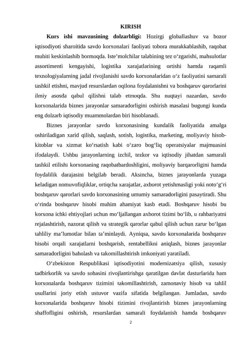 Savdo korxonalarida biznes jarayonlar samaradorligini oshirishda boshqaruv hisobi 2