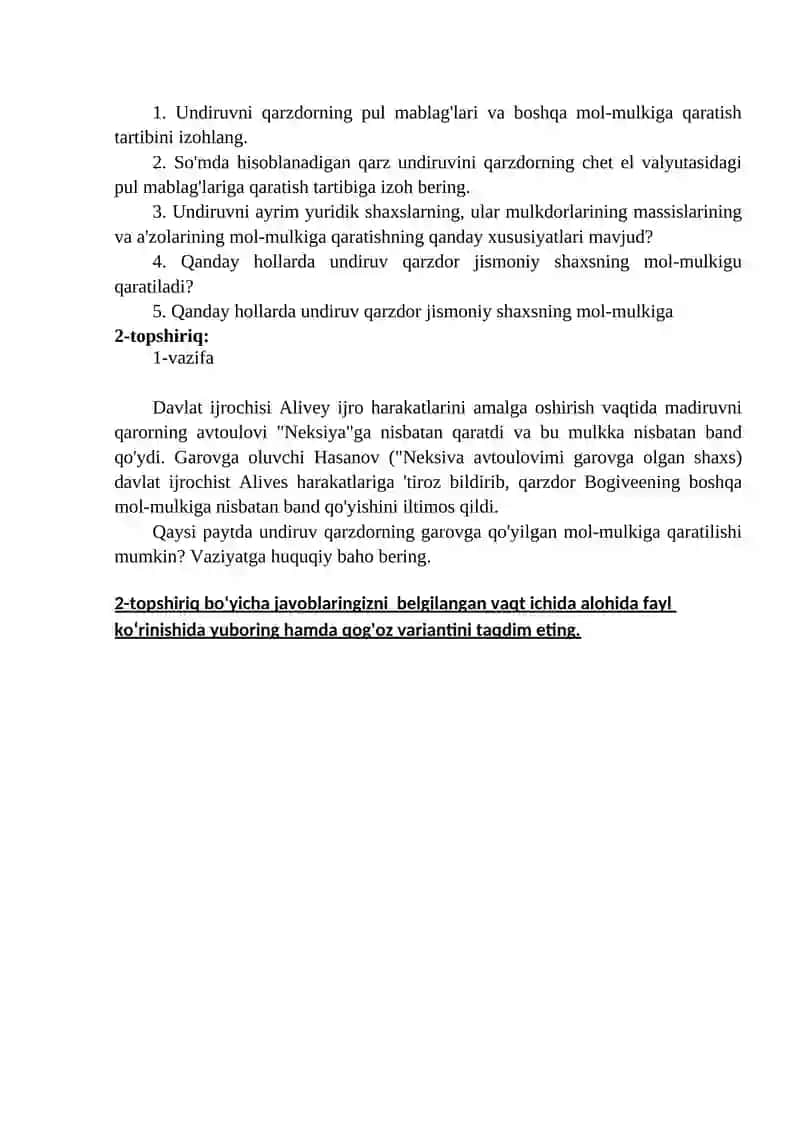 Undiruvni qarzdorning mol-mulkiga qaratish 2