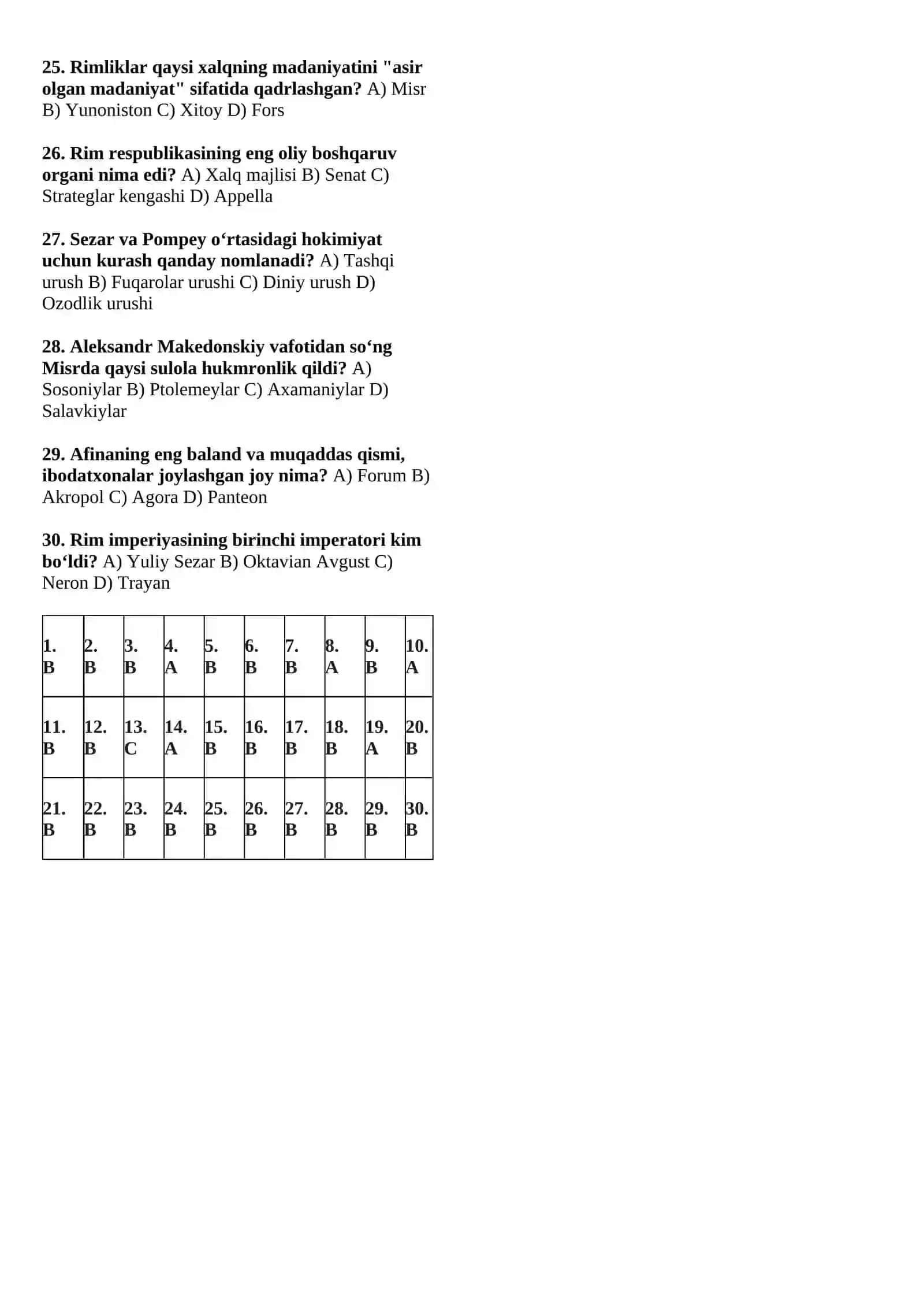 Antik Dunyo — Yunoniston va Rim (30 talik Blok Test) 2