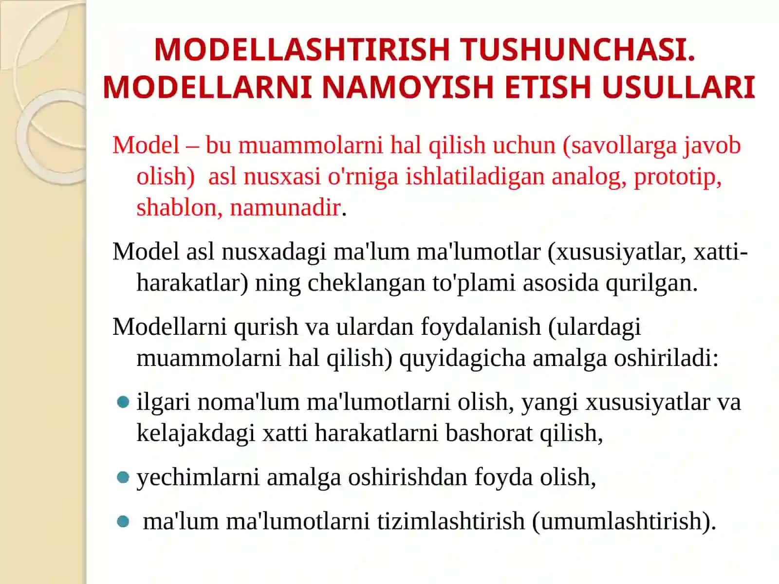 ISHLAB CHIQARISHNI MODELLARINI YARATISH ASOSLARI: JARAYONLAR MAQSADI, USULLAR VA TEXNOLOGIYALAR MODELLASHTIRISH TUSHUNCHASI. MODELLARNI NAMOYISH ETISH USULLARI 2