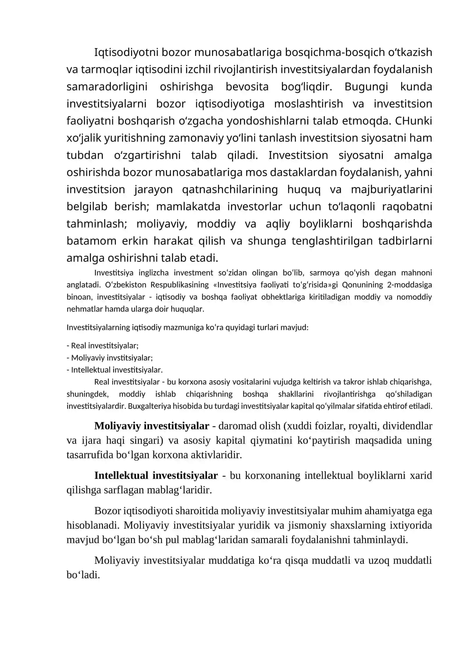 Korxonalarda investitsiyalarni roli va hisobning axamiyati. Investitsiyalar hisobini tashkil etish 2