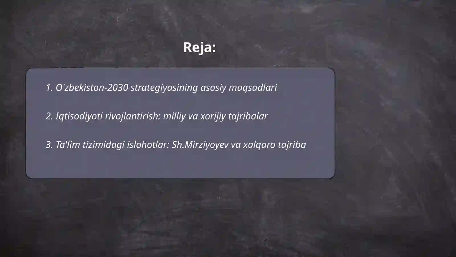 O'zbekiston- 2030 strategiyasi va Prezident Sh.Mirziyoyev asarlari asosida milliy va xorijiy tajribani qiyoslash 2