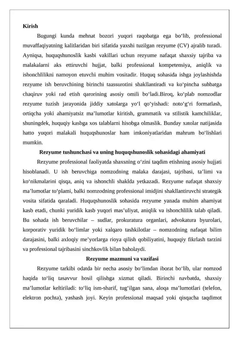 Rezyume tuzishdagi xatolar. Huquqshunos rezyumesini tuzish uchun tavsiyalar 2