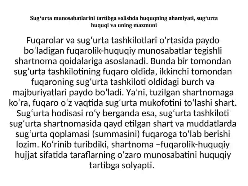 Sugu’rta munosabatlarining huquqiy asoslari. Sug‘urta tariflarini qurush asoslari 2