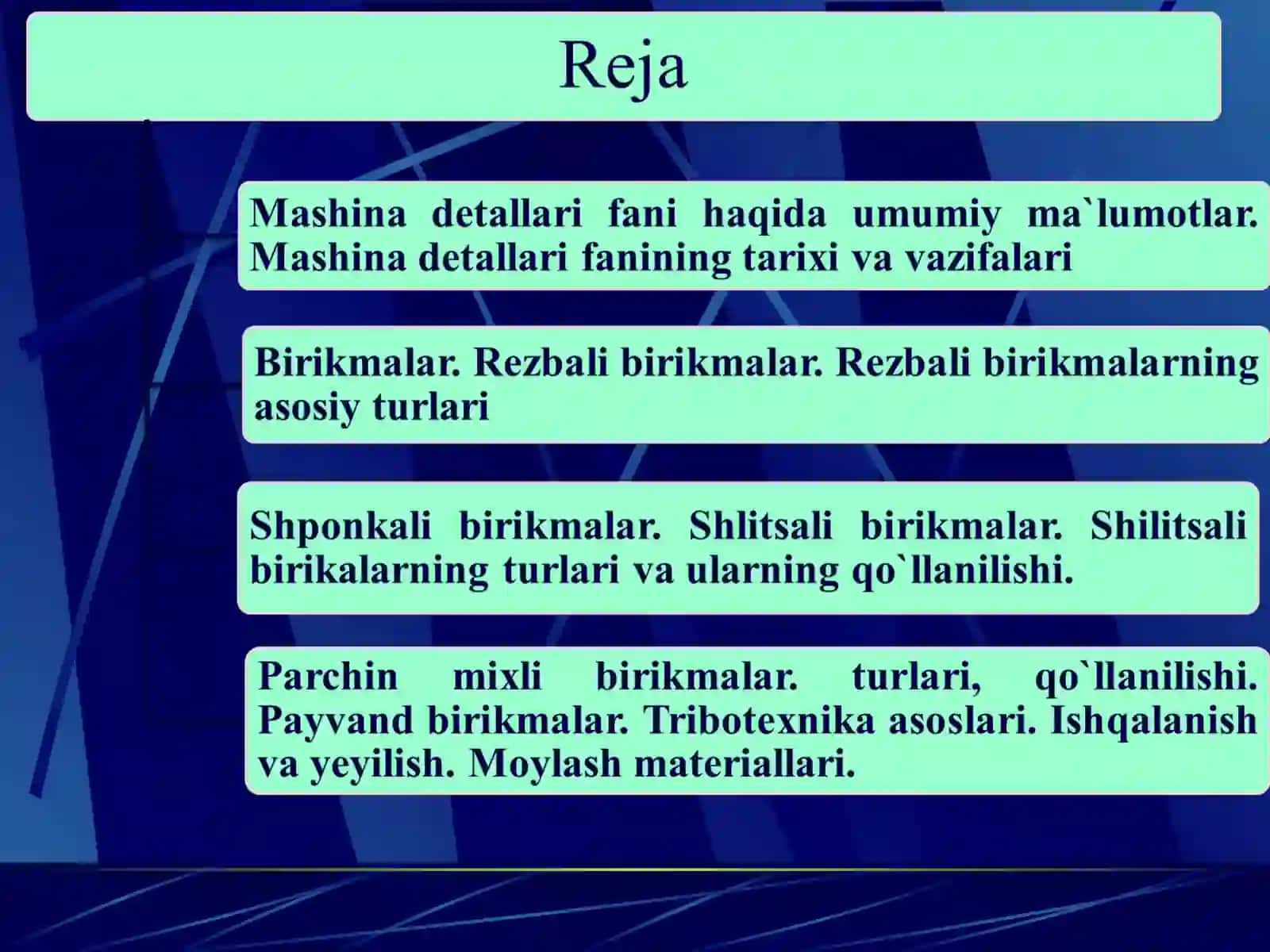 Parchin mixli birikmalar. turlari, qo`llanilishi. Payvand birikmalar. Tribotexnika asoslari. Ishqalanish va yeyilish. Moylash materiallari 2
