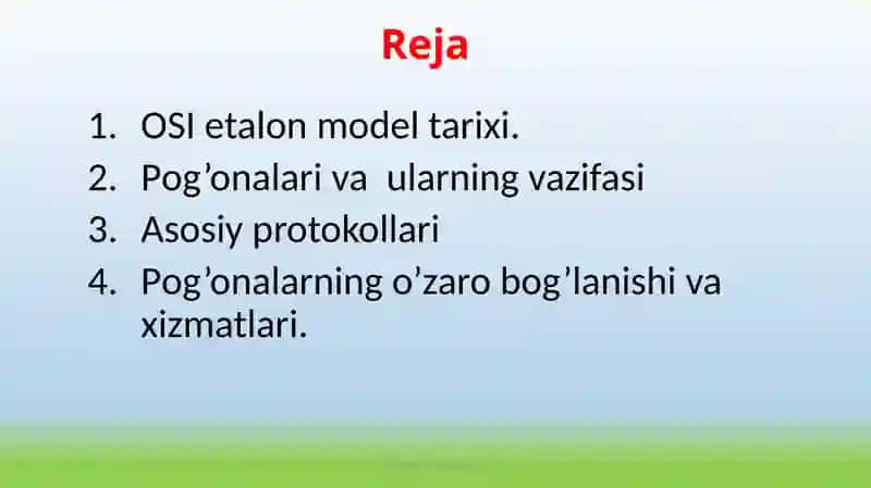 OSI va TCP/IP protokol majmuasini o’z ichiga olgan qatlamli arxitektura modellashtirish konsepsiyasi 2