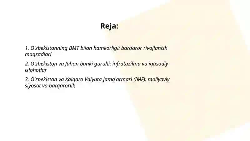 O'zbekistonning xalqaro tashkilotlar bilan hamkorlik aloqalari 2