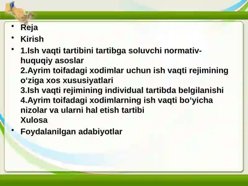 Ayrim toifadagi xodimlar ish vaqti rejimining o‘ziga xos xususiyatlari 2