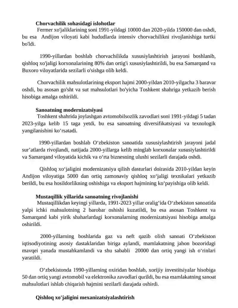 Mustaqillik yillarida qishloq xo'jaligi va sanoat sohasidagi o'zgarishlar 2