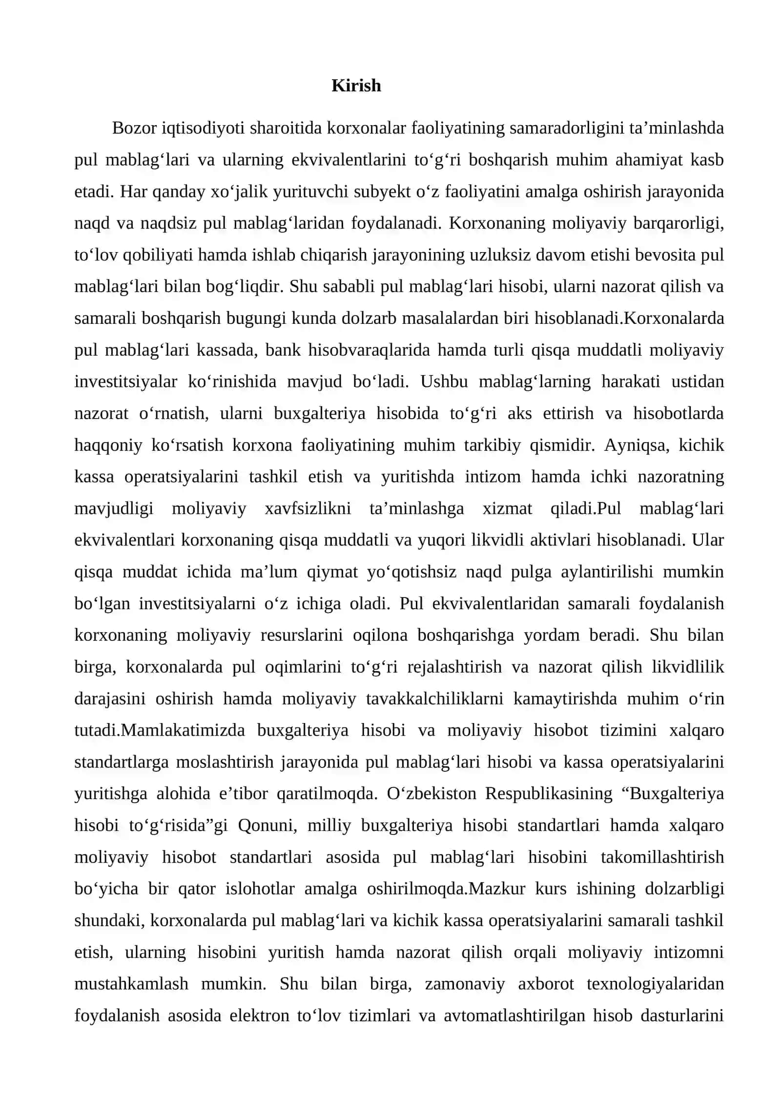 Pul mablag’lari va ularning ekvivalentlari. Kichik kassa 2