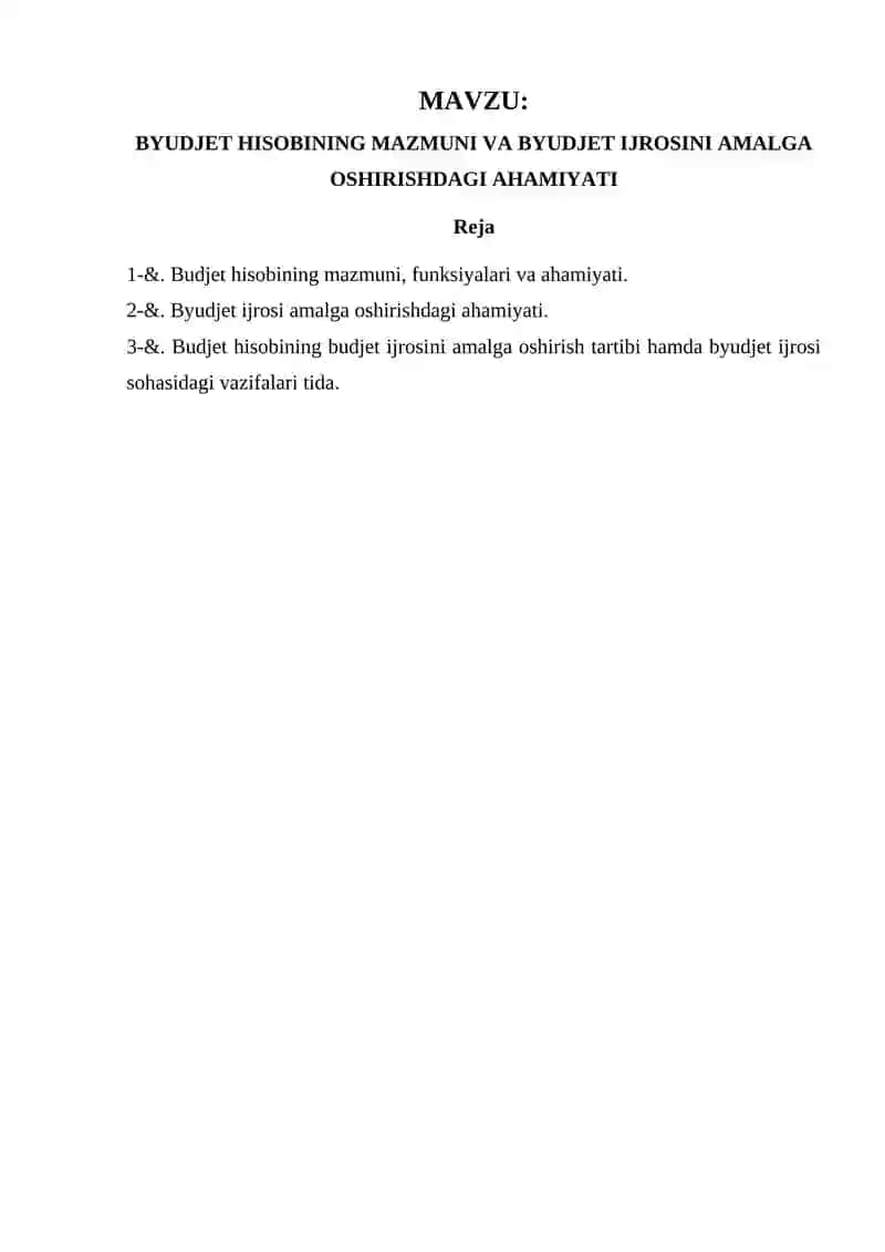 BYUDJET HISOBINING MAZMUNI VA BYUDJET IJROSINI AMALGA OSHIRISHDAGI AHAMIYATI 2