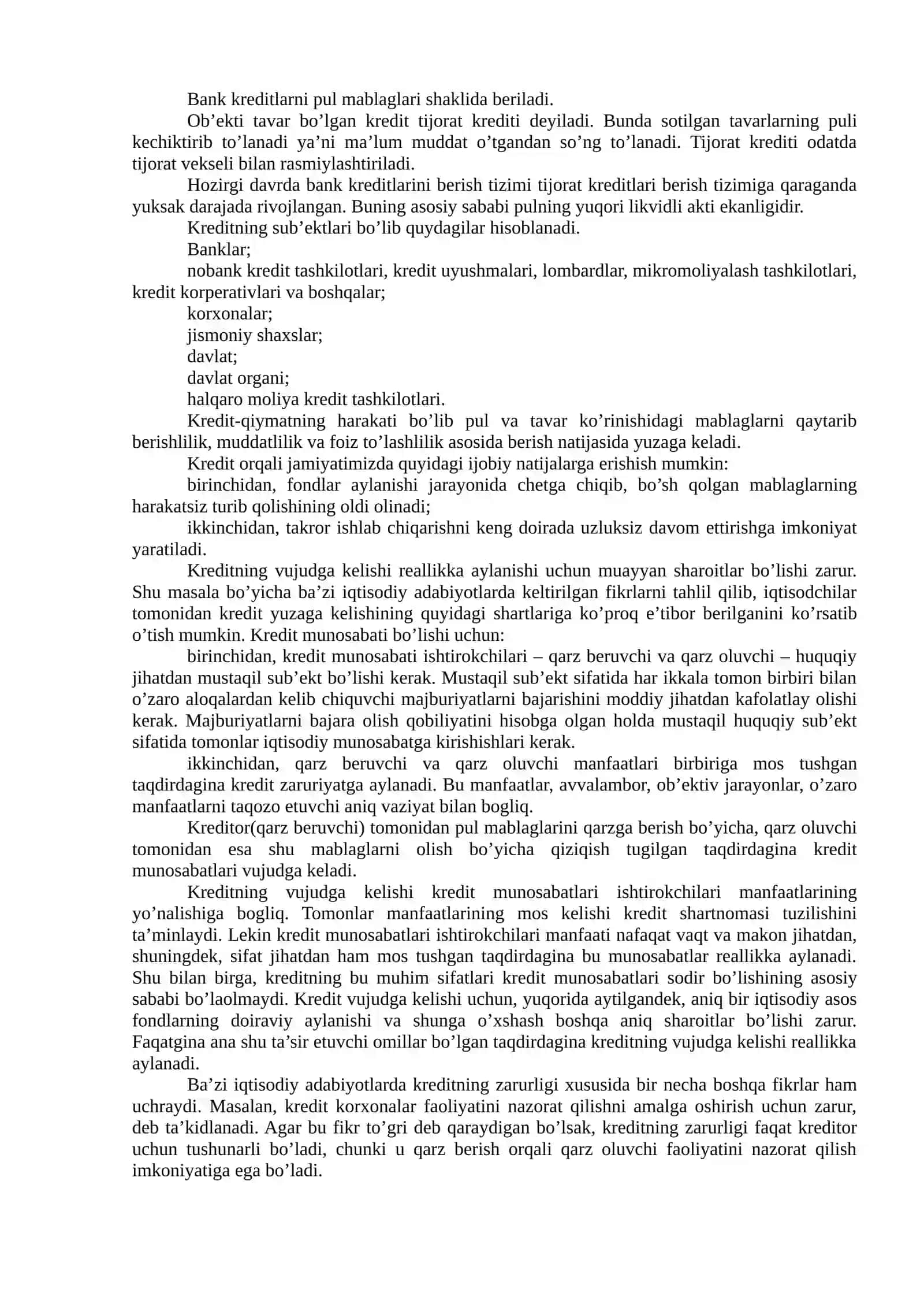 KREDITNING ZARURLIGI, FUNKTSIYALARI, TURLARI VA SHAKLLARI 2