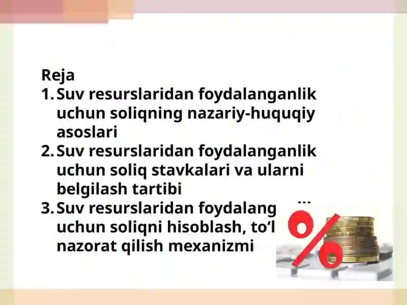 Suv resurslaridan foydalanganlik uchun soliq stavkalari 2