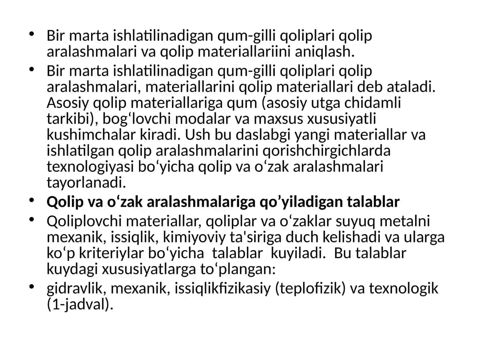 Qolip aralashmalari va turlari amaliy ish 2