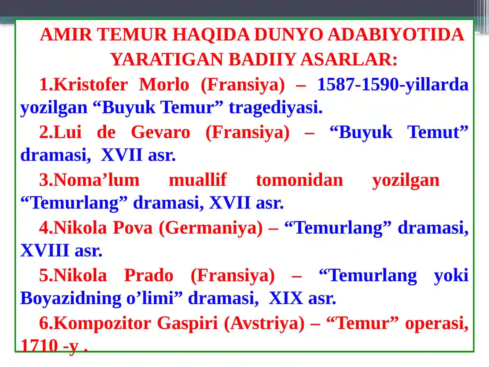 Amir Temur va temuriylar davrida o’zbek 2