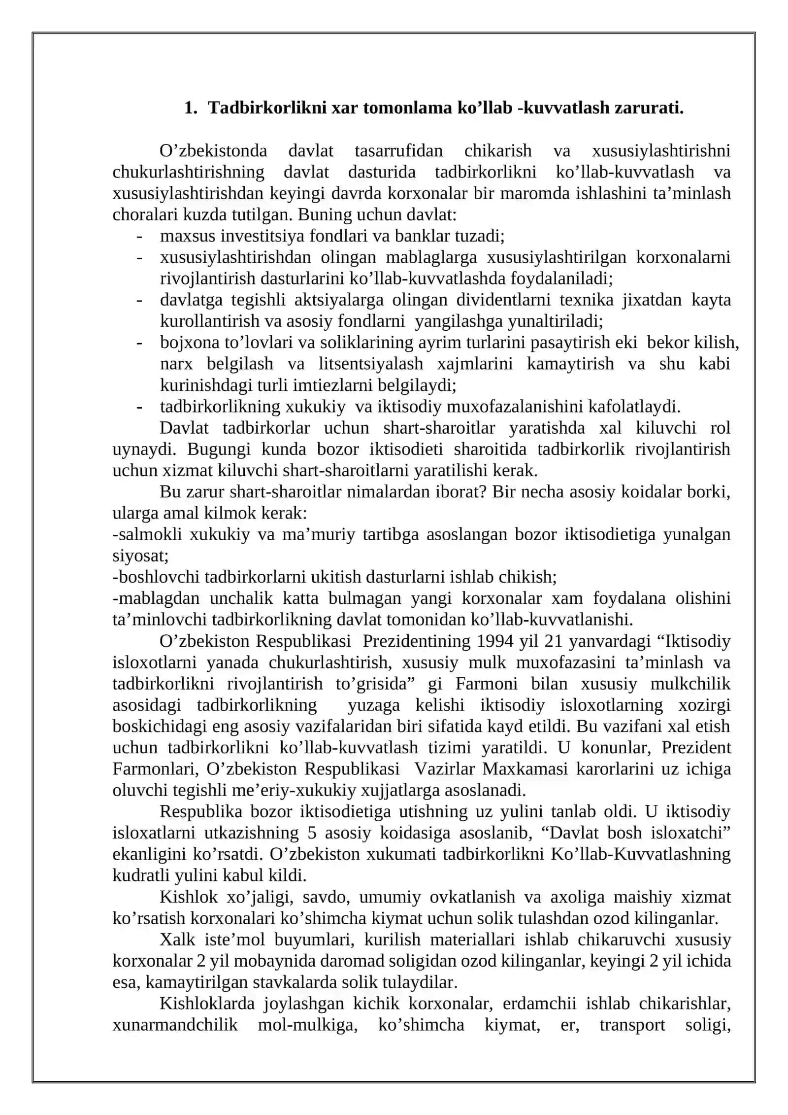 O’zbekistonda kichik biznes va xususiy tadbirkorlikning davlat tomonidan tartibga solinishi 2