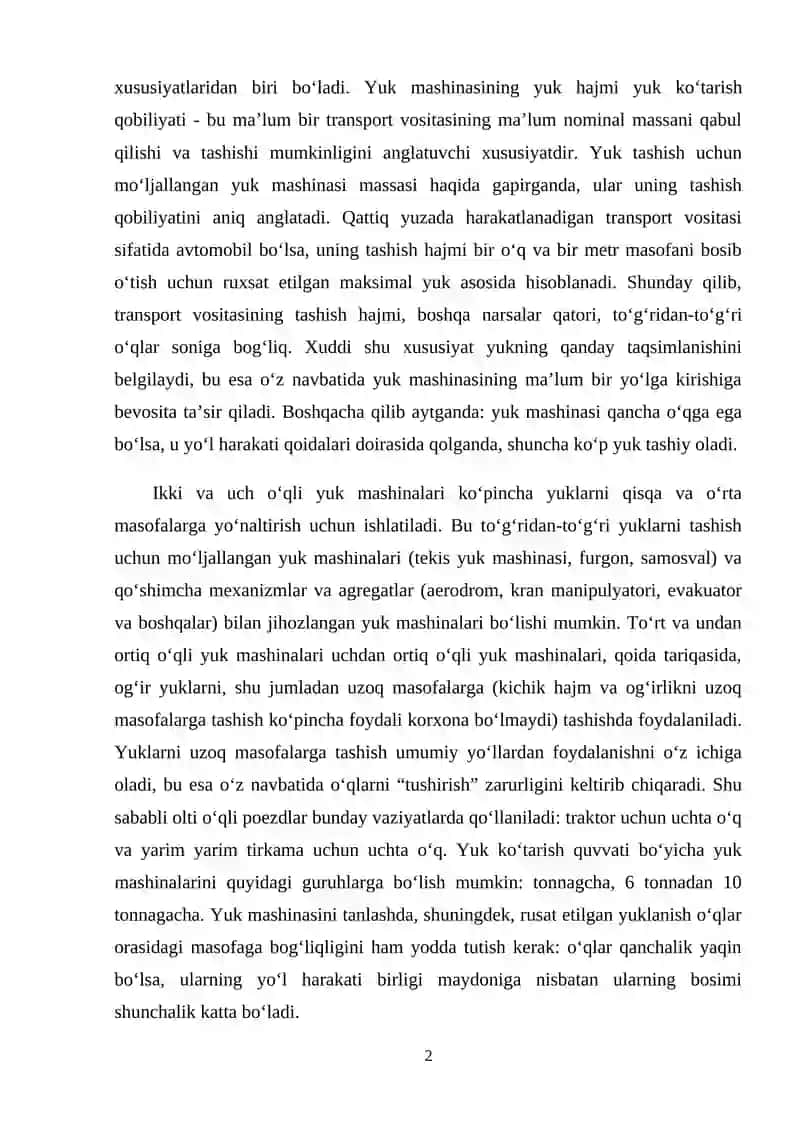 Avtotransportda yuk tashishning tasnifi 2