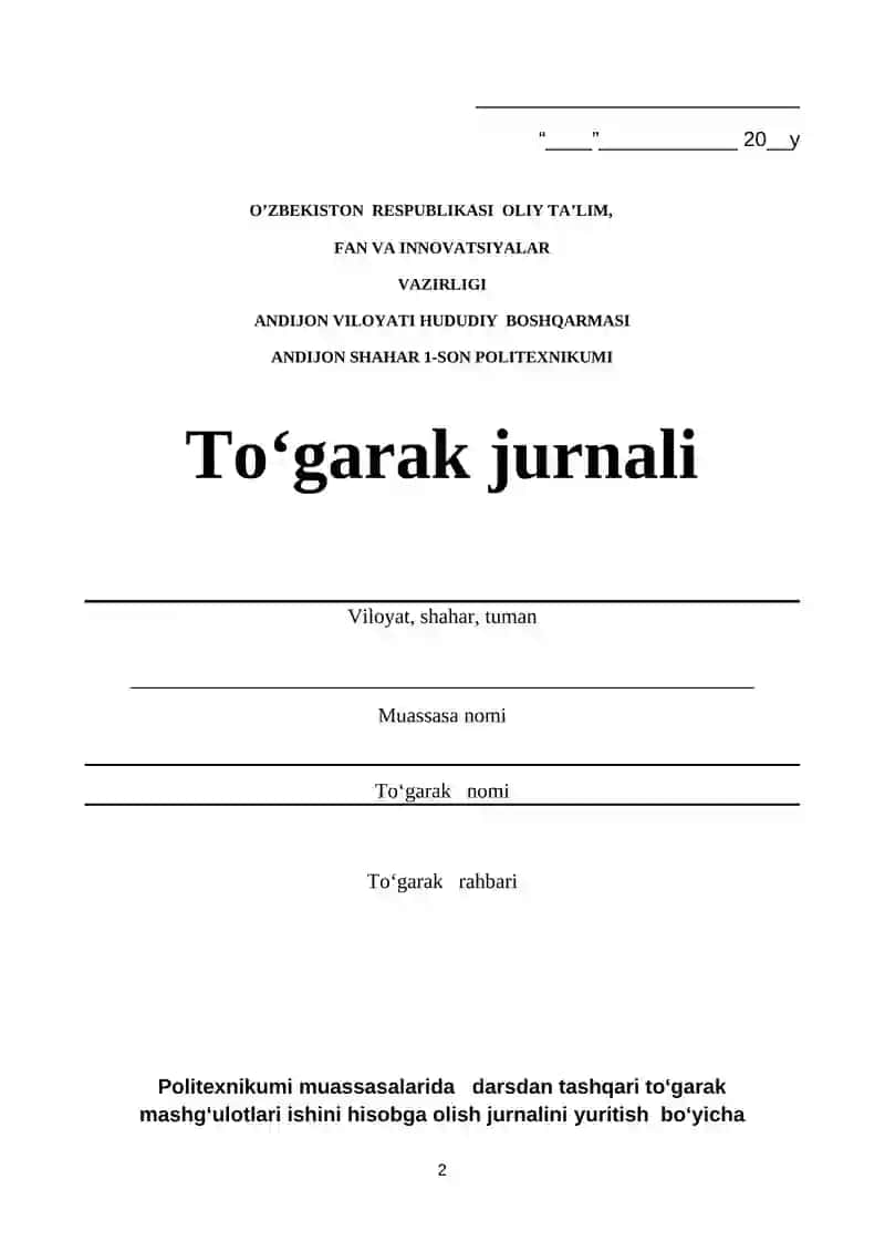 To‘garak mashg‘ulotlari ishini hisobga olish JURNALI 2