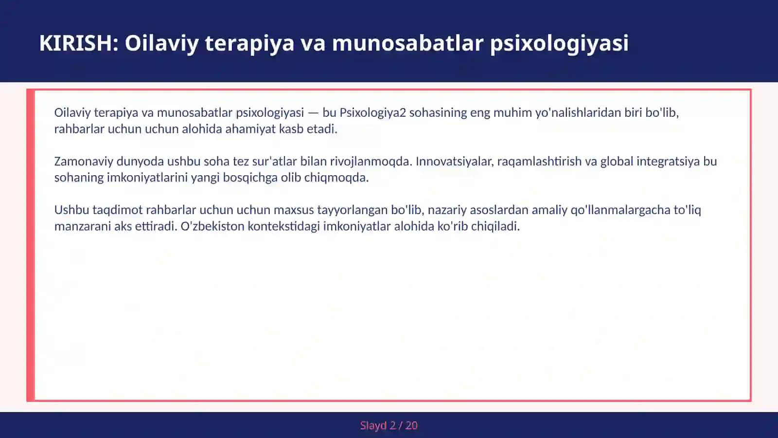 Oilaviy terapiya va munosabatlar psixologiyasi 2