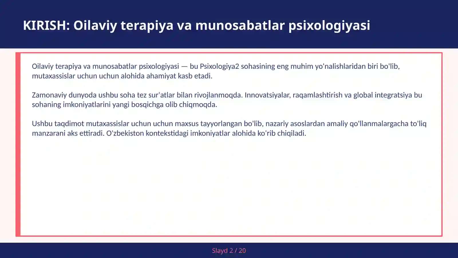 Oilaviy terapiya va munosabatlar psixologiyasi 2