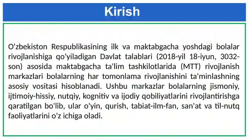 Rivojlanish markazlariga qo’yiladigan talablar 2