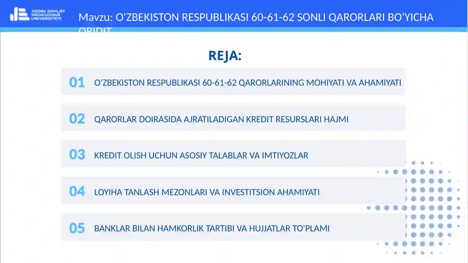 O'ZBEKISTON RESPUBLIKASI 60-61-62 QARORLARINING MOHIYATI VA AHAMIYATI 2