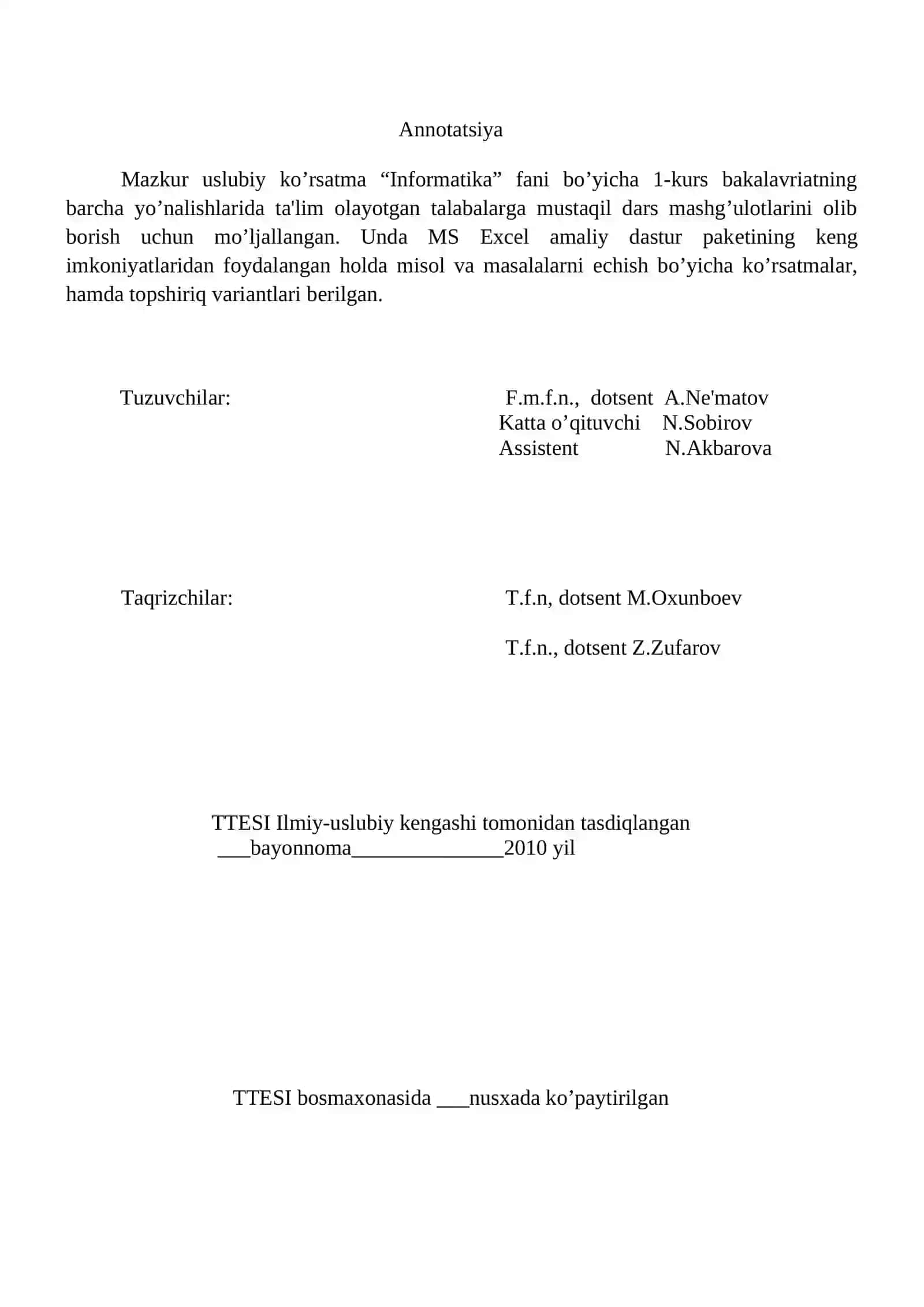 INFORMATIKA FANIDAN MS EXCELDA MUSTAQIL DARS MASHG’ULOTLARI UCHUN MISOL VA MASALALAR VARIANTLARI TO’PLAMI 2