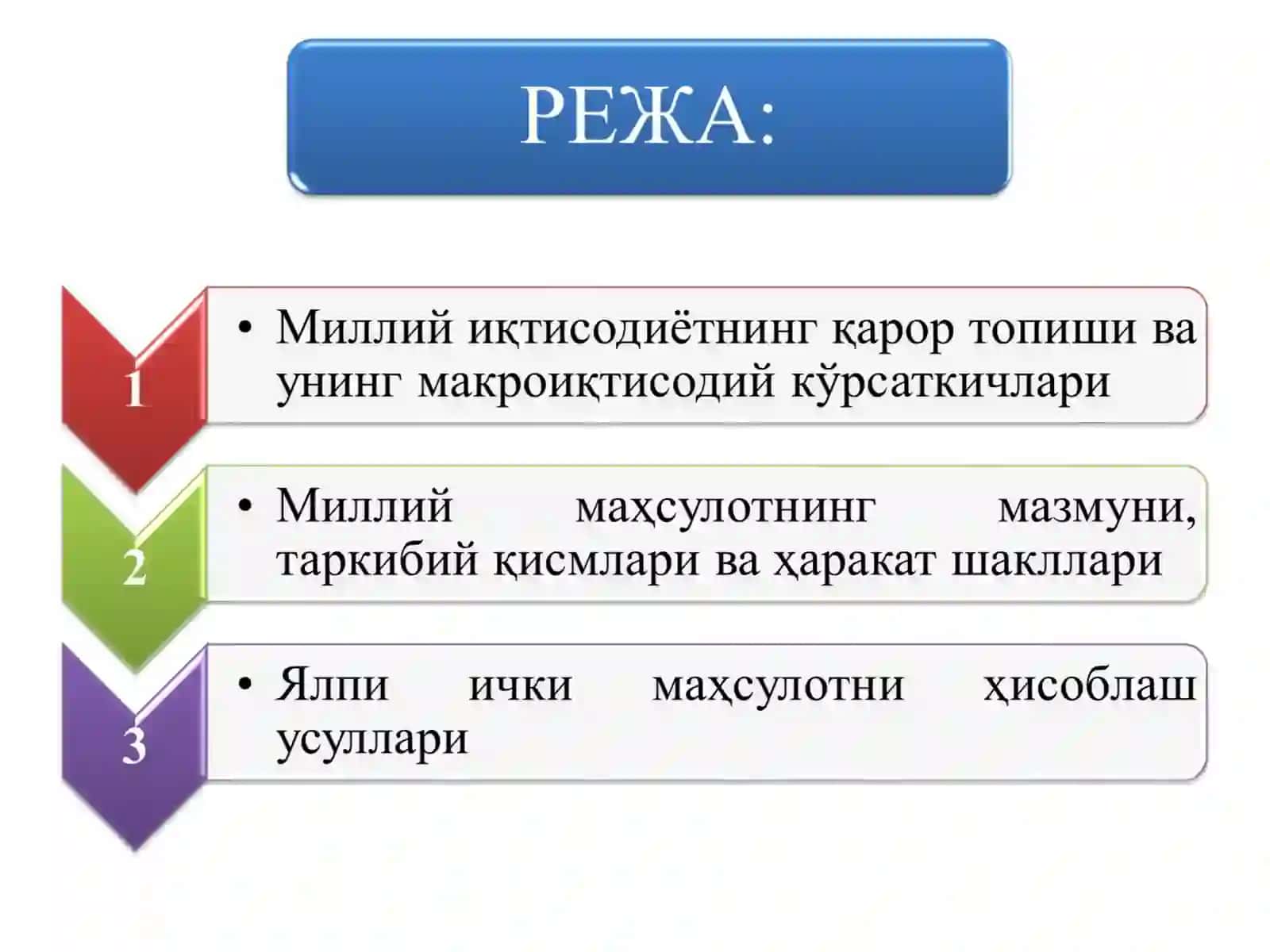 МИЛЛИЙ ИҚТИСОДИЁТ ВА УНИНГ МАКРОИҚТИСОДИЙ ЎЛЧАМЛАРИ. ЯЛПИ МИЛЛИЙ МАҲСУЛОТ ВА УНИНГ ҲАРАКАТ ШАКЛЛАРИ 2