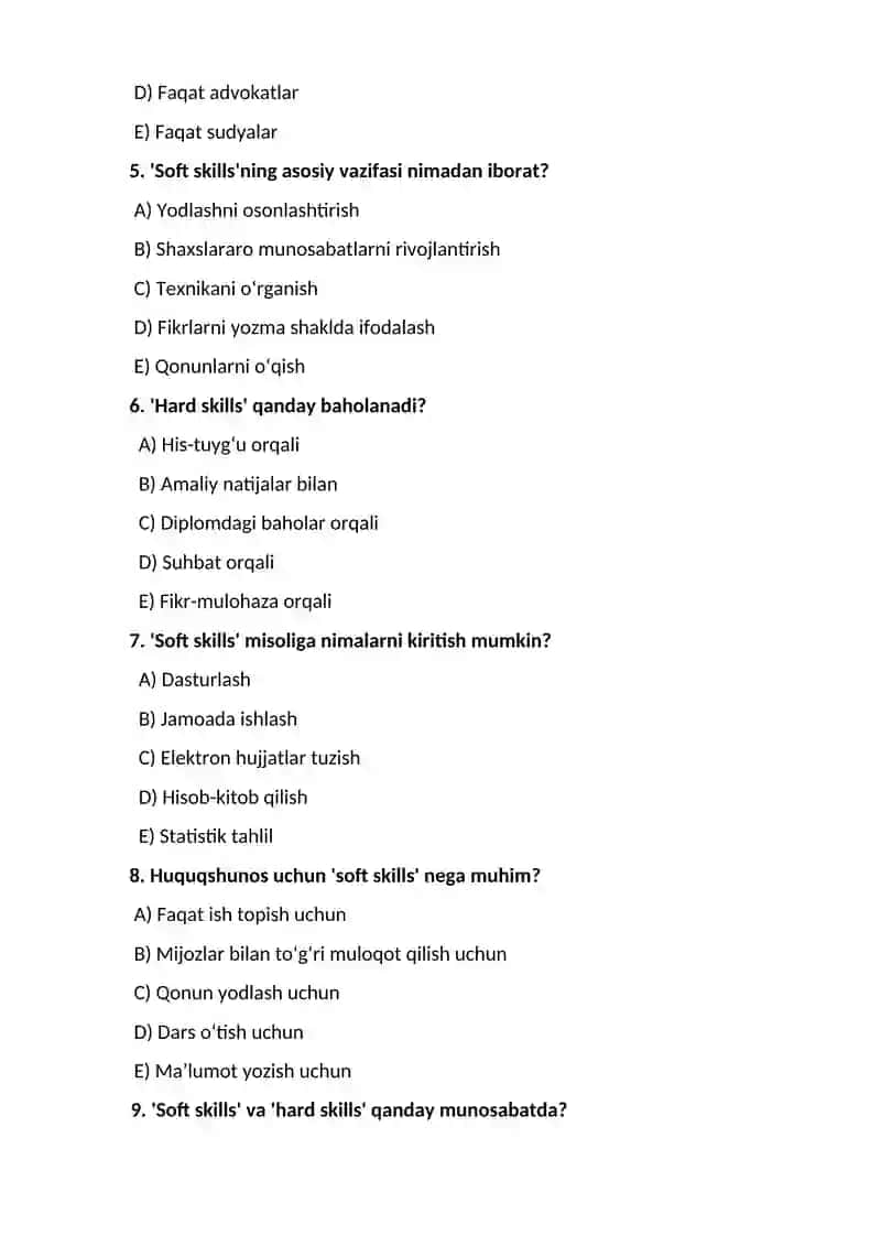 Huquqiy ko`nikmalar va metodologiya fanidan tayyorlagan testlar 2