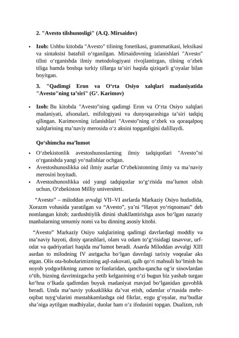 O‘zbekistonda avestoshunoslikka oid ilmiy asarlar ro’yxatini tuzish va ayrim asarlarga anotatsiya yozish 2