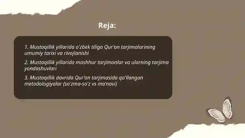 Mustaqillik yillarida Qur'onning ôzbek tiliga tarjima qilinish va tafsirlari haqida 2