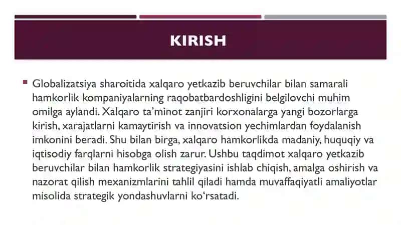 Xalqaro yetkazib beruvchilar bilan hamkorlik strategiyasi 2