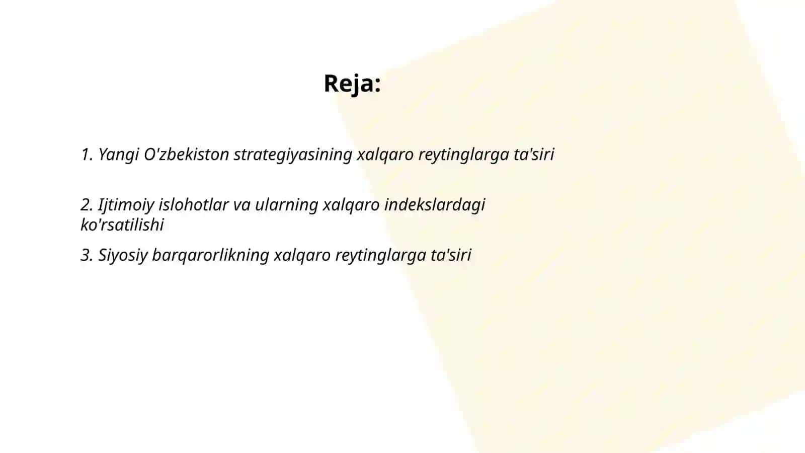 Yangi Õzbekiston ichtimoiy-siyosiy,iqtisodiy va madaniy hayotida rõy berayotgan õzgarishlarning xalqaro reyting va indekslarda aks etishi 2