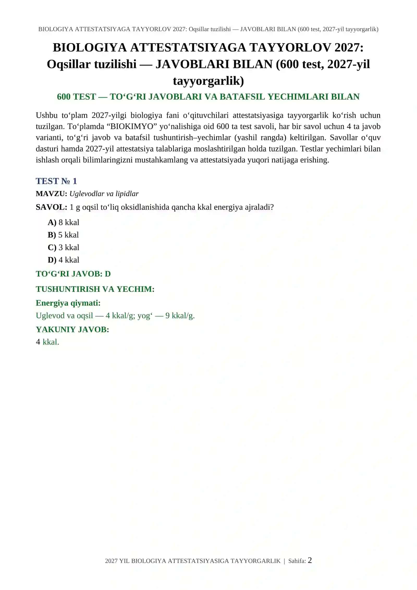 BIOLOGIYA ATTESTATSIYAGA TAYYORLOV 2027: Oqsillar tuzilishi — JAVOBLARI BILAN (600 test, 2027-yil tayyorgarlik) 2