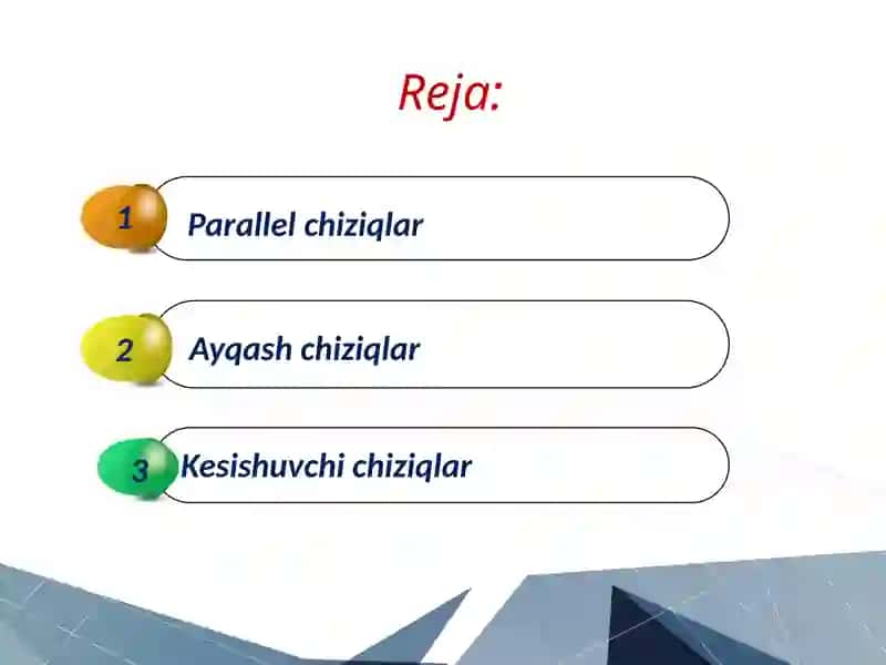 Tekisliklar va to'g'ri chiziqlarning o'zaro joylashuvi 2