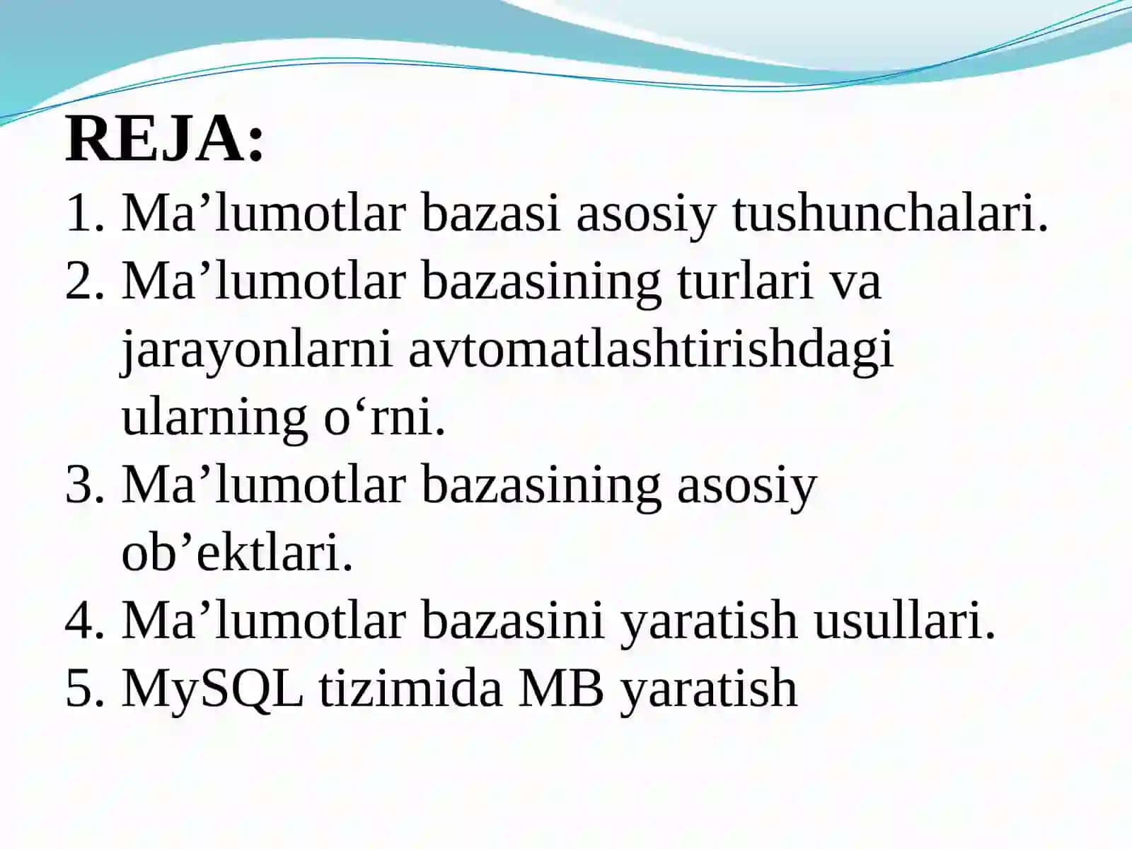 MA’LUMOTLAR BAZALARI VA KATTA HAJMDAGI MA’LUMOTLAR BILAN ISHLASH TEXNOLOGIYALARI 2