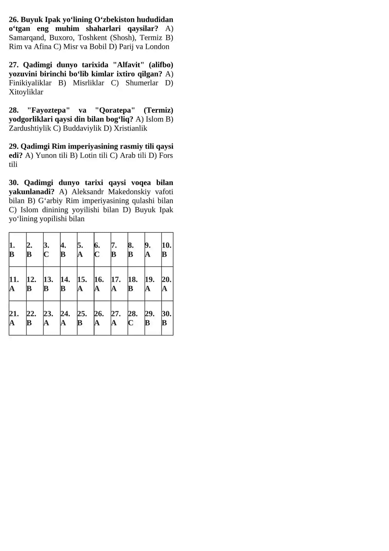 1-Blok test: Rim, O‘rta Osiyo va Madaniyat (30 talik Blok Test) 2